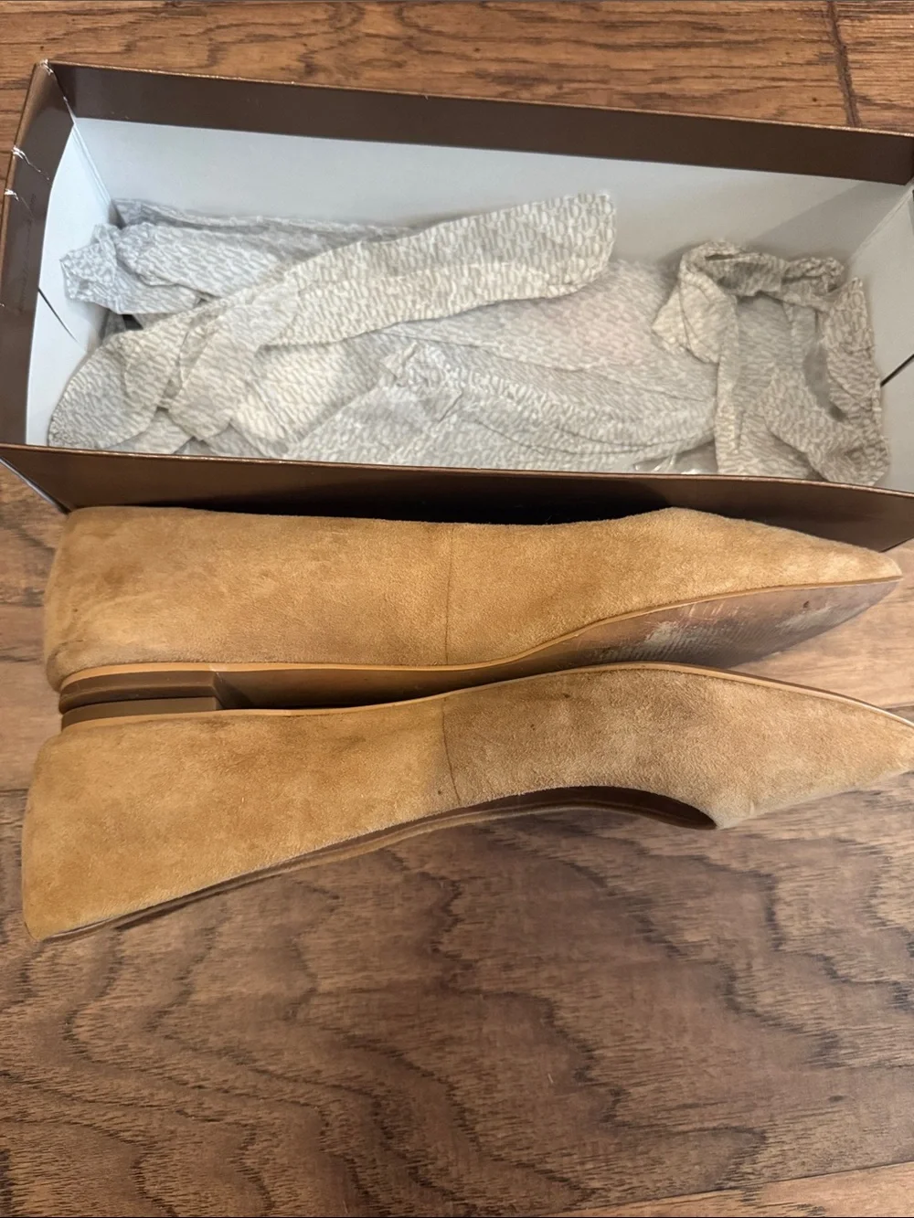 Audrey Brooke Pointed Suede Flats in Light Tan